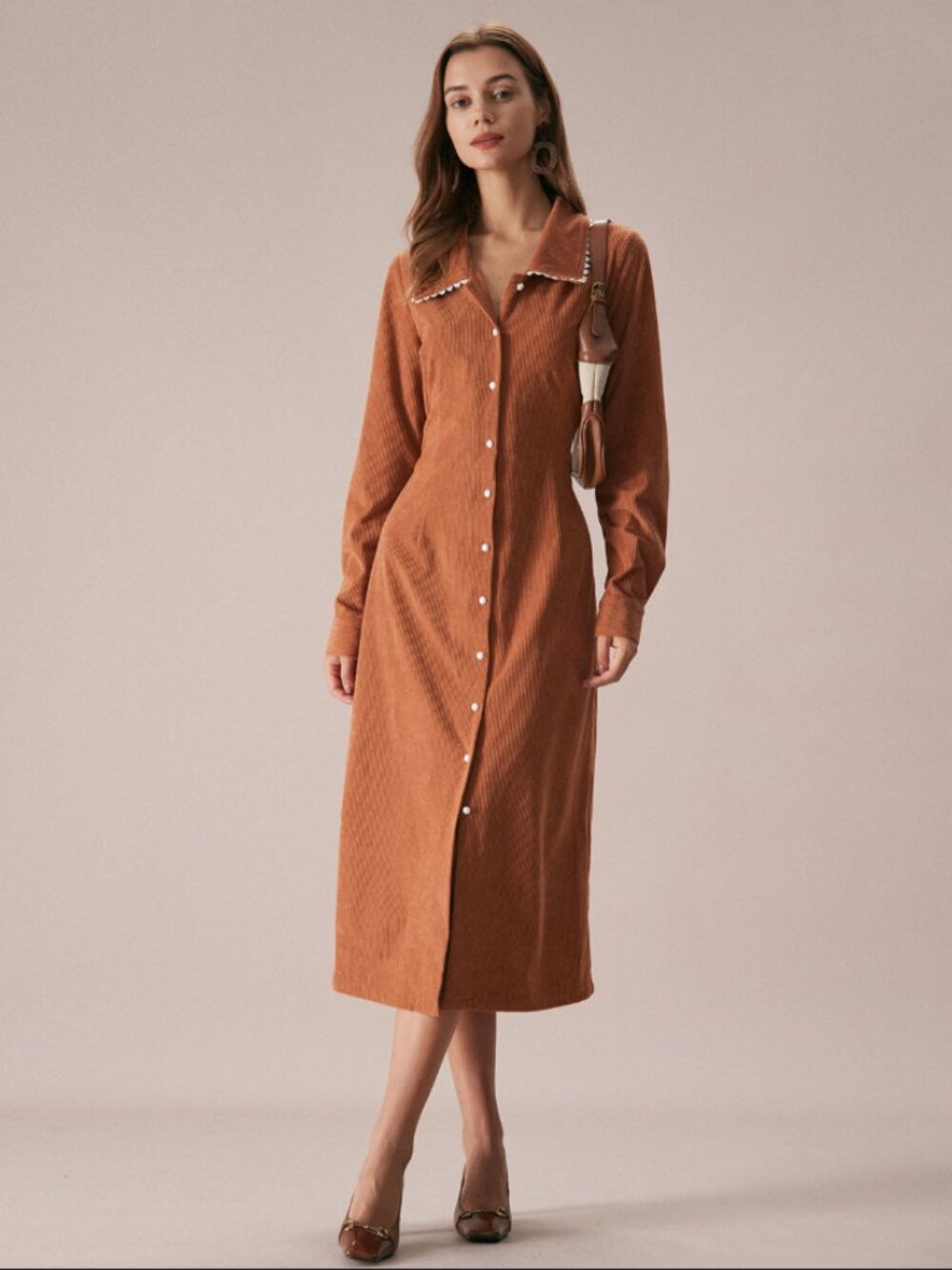 Retro Stage Solid Lapel Belted Corduroy Midi Dress Lace Collar Cottagecore XL
